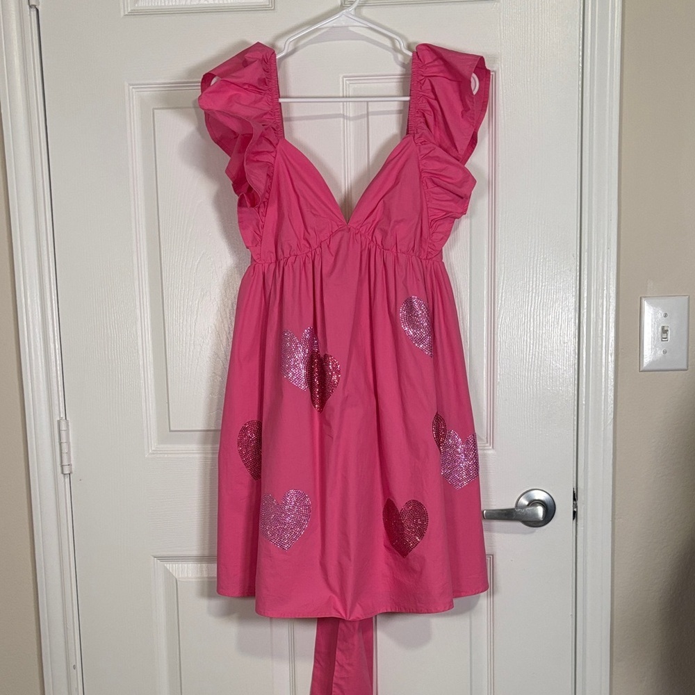 NWT Peach Love California Vibrant Pink Heart Glitter Babydoll Dress Size M